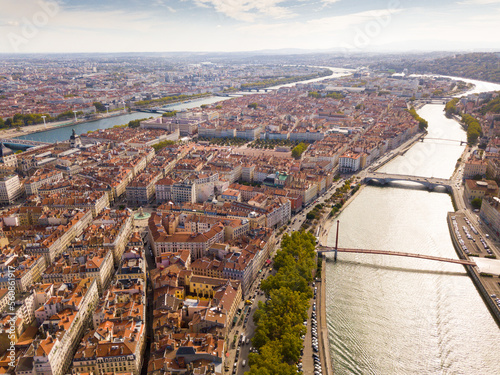 Aerial panoramic view of city Lyon on sunny day, France