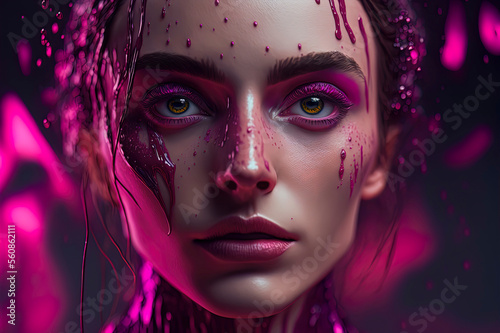 beautiful woman with viva magenta paint on her face