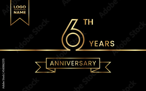 6th Anniversary template design with gold color for celebration event, invitation, banner, poster, flyer, greeting card. Line Art Design, Logo Vector Template