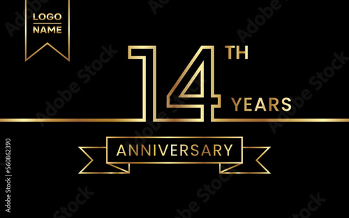 14th Anniversary template design with gold color for celebration event, invitation, banner, poster, flyer, greeting card. Line Art Design, Logo Vector Template