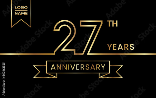 27th Anniversary template design with gold color for celebration event, invitation, banner, poster, flyer, greeting card. Line Art Design, Logo Vector Template