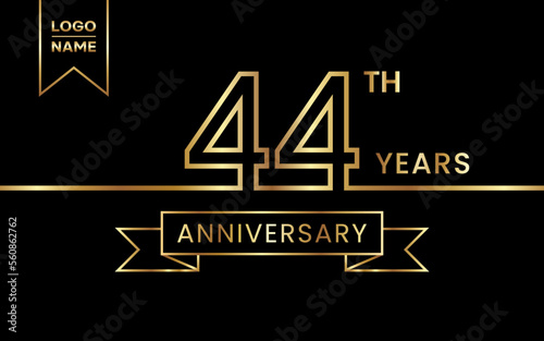 44th Anniversary template design with gold color for celebration event, invitation, banner, poster, flyer, greeting card. Line Art Design, Logo Vector Template