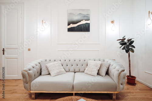 stylish boho living room interior with design grey sofa, wooden coffee table, commode and elegant personal accessories