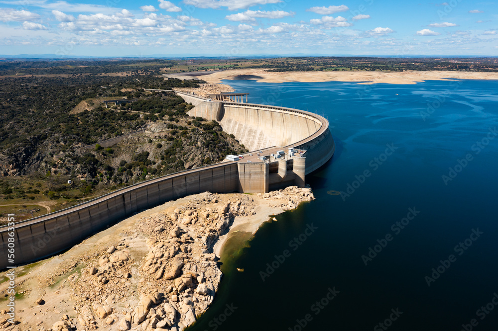 Panoramic shot of the Almendra Dam reservoir in Salamanca, Spain