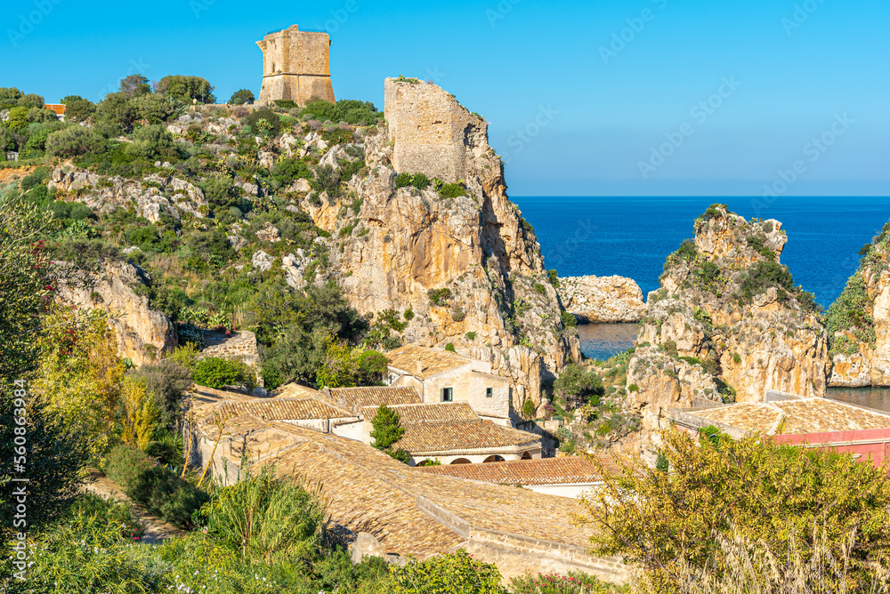 The famous Tonnara of Scopello, a former tuna factory and fishing station. The first buildings date back to the 13th century. The spectacular cliffs are one of the most beautiful landscapes in Sicily