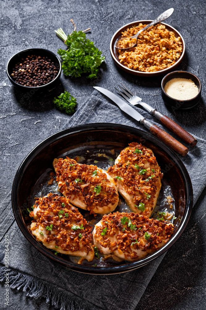 chicken breasts with crunchy fried onion coating chicken breasts with crunchy fried onion coating