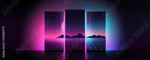 Cyberspace banner illustration for synthwave music styles featuring a digital sunset