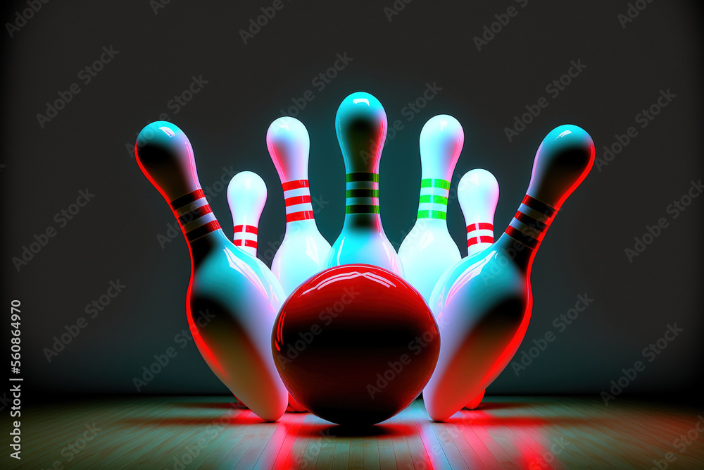 Picture of bowling ball hitting pins scoring a strike. Bowling background. Bowling 3D Rendering. - obrazy, fototapety, plakaty 
