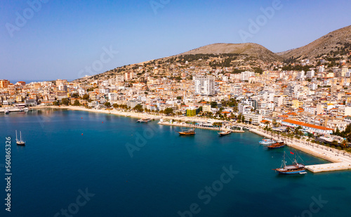 Picturesque aerial scenery of Saranda city at Albanian Ionian Sea coast