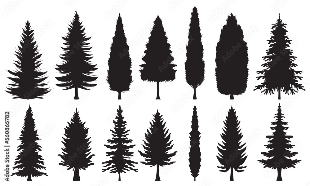 Obraz premium Collection of pine tree silhouettes. Various shapes of fir tree silhouettes