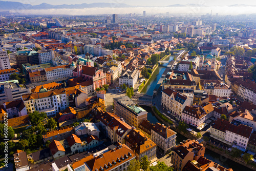 Panoramic aerial view of Ljubljana cityscape and river Ljubljanica, Slovenia © JackF