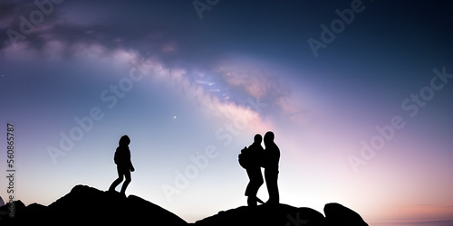 silhouette of a couple on a top of the mountain looking at the stars and Milky Way over the twilight sky