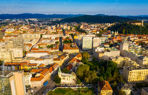 Panoramic aerial view of Ljubljana cityscape with buildings and streets, Slovenia