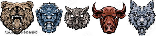 Head of bear, cat, monkey, owl, bull, wolf. Abstract character illustrations. Graphic logo design template for emblem. Image of portraits.