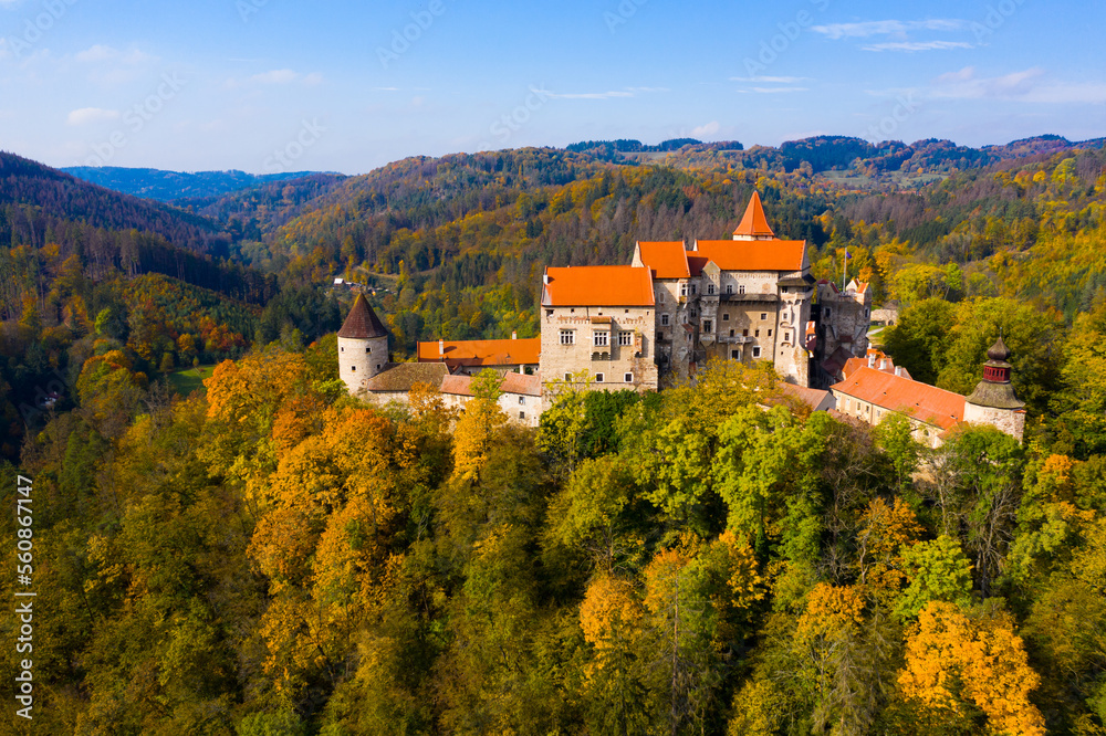 Scenic aerial view of historical medieval Pernstejn castle, Czech Republic