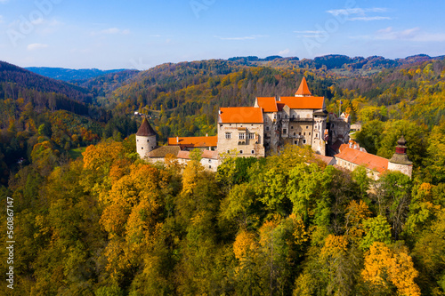 Scenic aerial view of historical medieval Pernstejn castle  Czech Republic