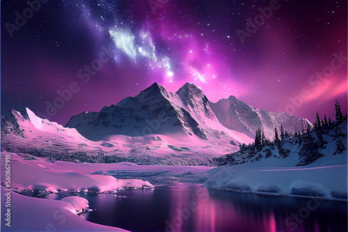 Polar landscape with a pink...