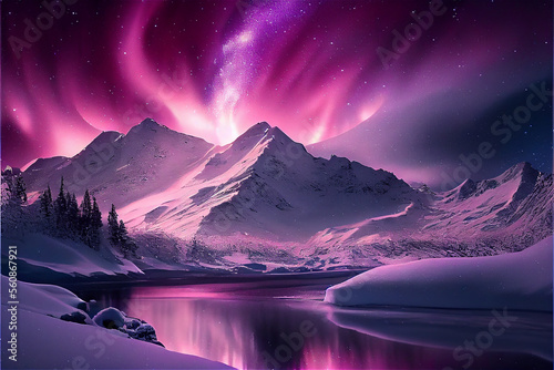 Polar landscape with a pink...