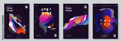 Creative poster design with abstract geometric shapes, curve lines and place for text. Futuristic cover set. A4 size. Ideal for banner, flyer, banner, exhibition invitations, party.
