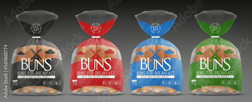 Buns Package Bakery Design Set in different colors with Mockup	