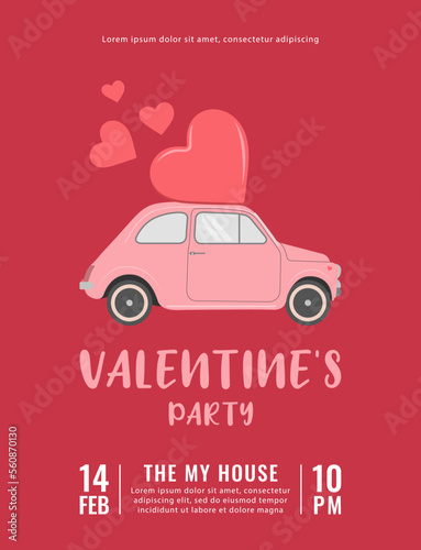 Valentine's day concept poster. Vector illustration. Pink car with red hearts on red background. Cute love banner or greeting card. Valentine's party