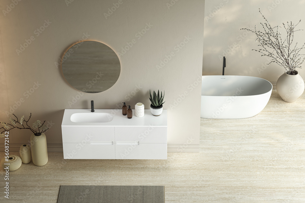 Bright minimal bathroom interior with white basin and oval mirror ...