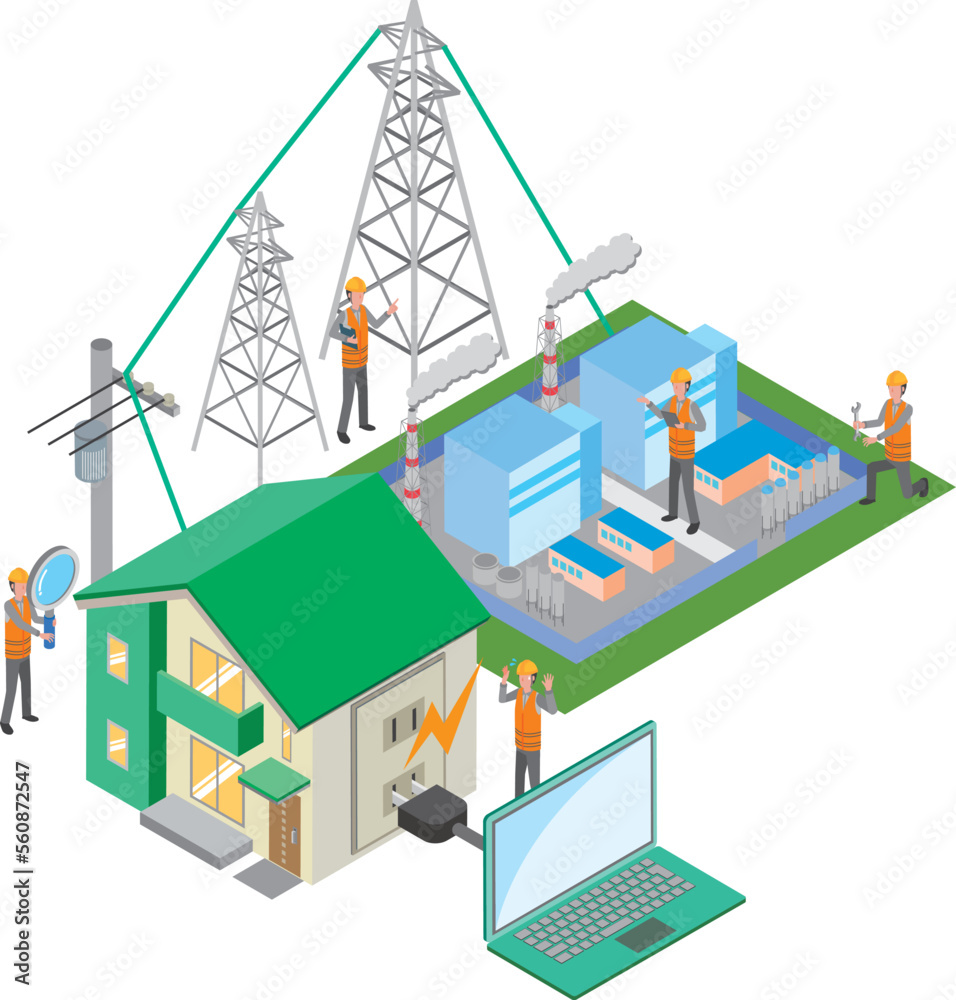 電力発電所から家庭への電気のイメージ
