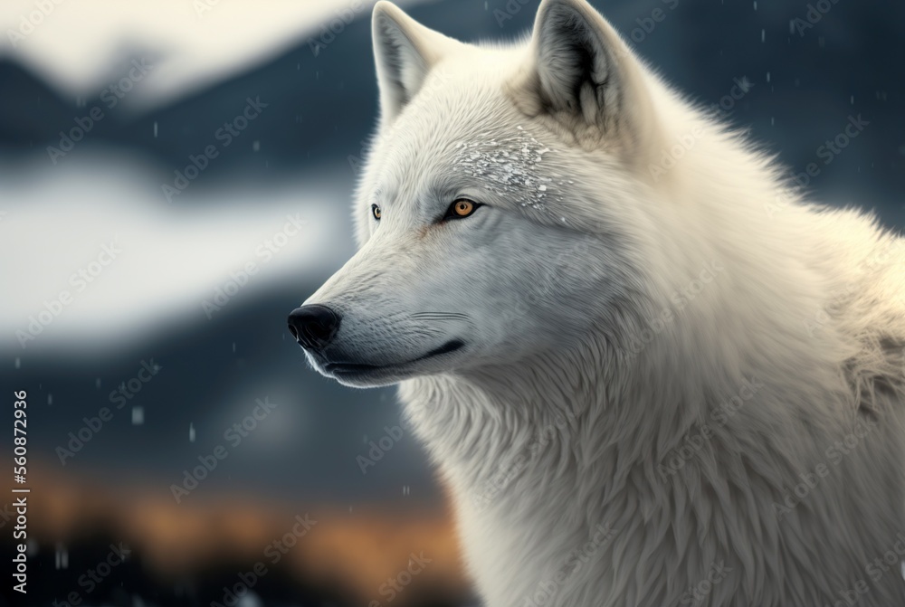 portrait of a wolf in the snowy nature, created using ai generative technology