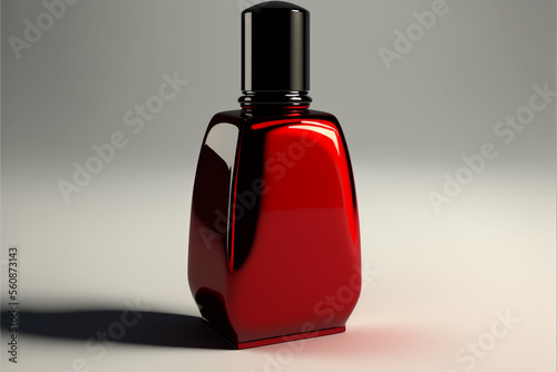 Boccetta riflettente di smalto rosso o profumo su sfondo bianco generata dall'AI photo