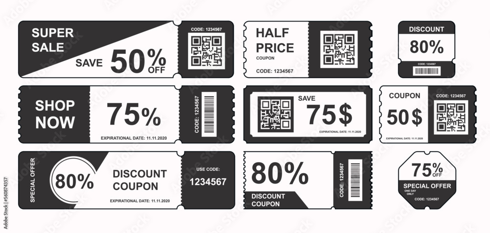 Black and white tickets set. Collection of graphic elements for website, discounts, sales and special offer for regular customers. Cartoon flat vector illustrations isolated on white background
