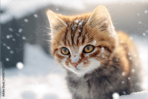 Brown Kitten in snow, Generative AI © Luise
