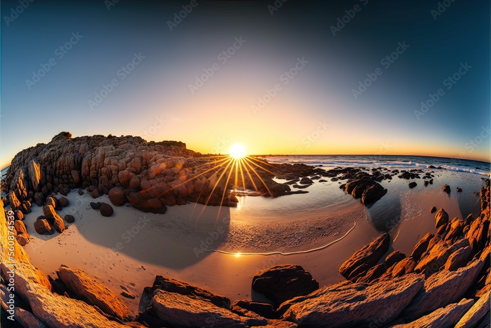 Vibrant Beach Rocks Through Fisheye: A Tonalist's Australian Panorama