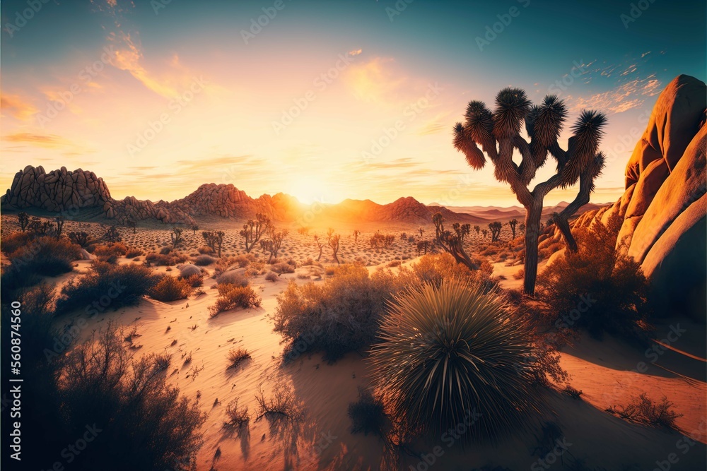 A panoramic view of a desert landscape at sunset, ideal for adventure and travel promotions. 