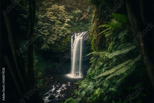 A dramatic shot of a waterfall in a lush rainforest  ideal for eco-tourism and adventure promotions. Generative A.I.