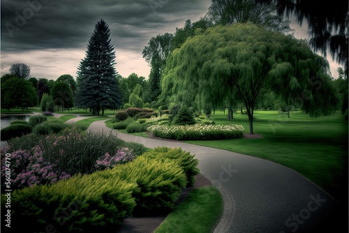 professional photograph of beautiful park, road, tree, sky, nature, landscape, trees, path, park, grass, garden, summer, clouds, forest, travel, countryside, pathway, lawn, street, way, spring