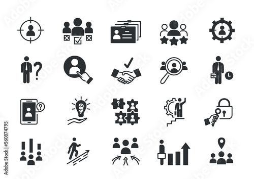 Career growth black set. Collection of minimalistic icons for website. Motivation and ambition, idea, entrepreneurship and business. Cartoon flat vector illustrations isolated on white background