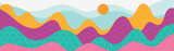 Chines colorful banner. Abstract creativity and art and colorful waves on background of landscape. Vivid mountains and rising sun. Graphic element for website. Cartoon flat vector illustration
