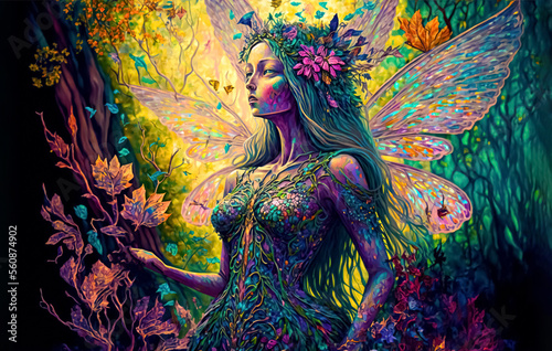 Enchanted fairy in a fantasy magical forest with butterflies and magic flowers. concept art 