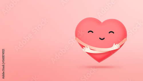 Cute single heart hug itself. Arms wrapped around a heart. Love yourself and happy Valentine's day concept. 3d illustration.