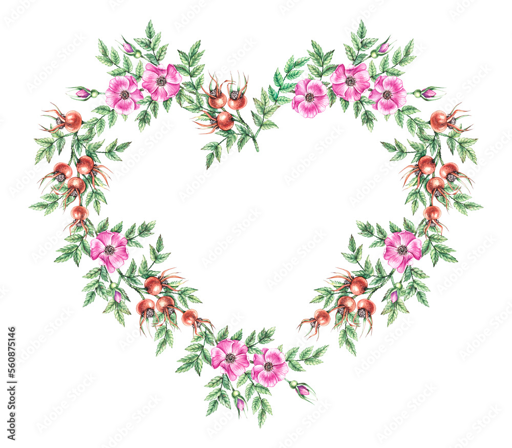 Watercolor heart made from flowers and rose hips Watercolor heart made from flowers and rose hips