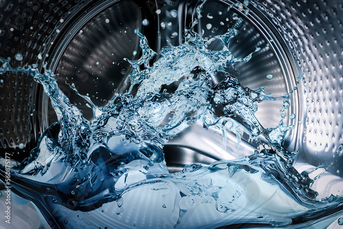 Washing machine drum with clean water flow and splashes. Laundry, washing powder concept.