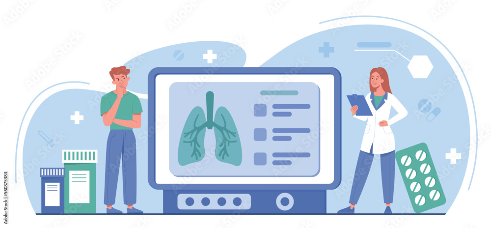 Doctors appointment concept. Man and woman standing in front of xray of lungs. Professionals and specialists conduct scientific research. Poster or banner for website. Cartoon flat vector illustration