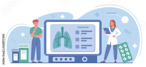 Doctors appointment concept. Man and woman standing in front of xray of lungs. Professionals and specialists conduct scientific research. Poster or banner for website. Cartoon flat vector illustration