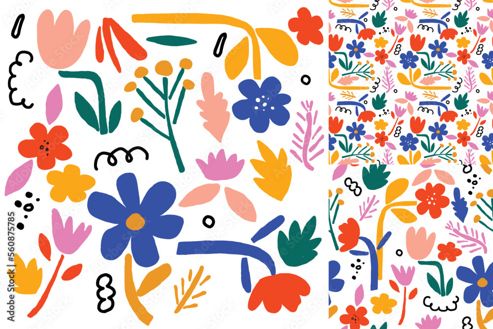 Abstract Floral Hand Drawn Elements Seamless Pattern Set