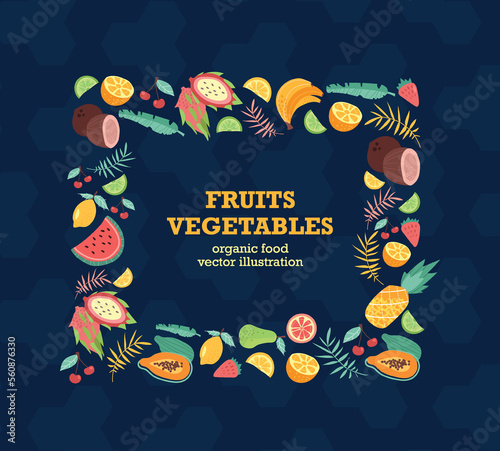 Fruits and vegetables banner. Graphic element for website. Natural and organic products. International vegetarian diet and food celebration, proper nutrition. Cartoon flat vector illustration