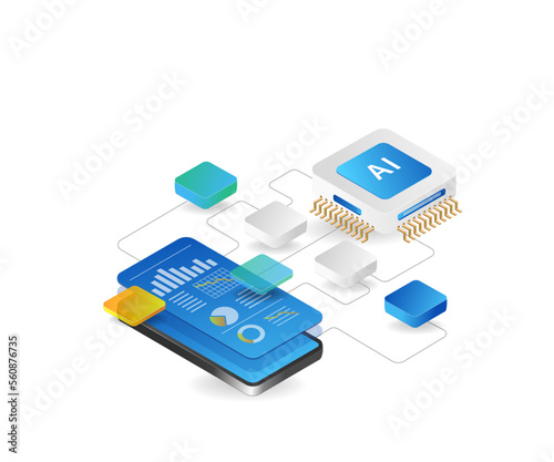 Artificial intelligence flat isometric 3d concept illustration for smartphone application
