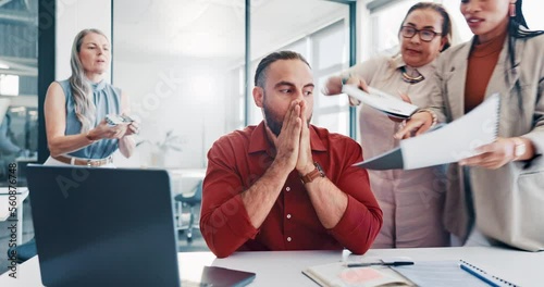 Business man, multitasking and stress with burnout and overworked manager, mental health and frustrated in workplace. Tired businessman at desk, laptop and paperwork with employees and overwhelmed