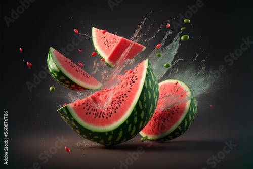 Fresh slices of watermelon flying with exploding juice splash. Generative AI 