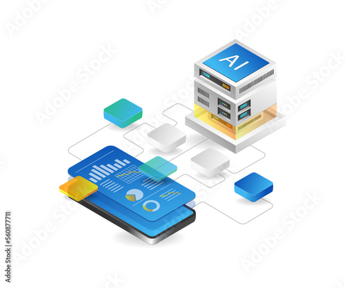 Isometric flat 3d concept of artificial intelligence analysis network illustration