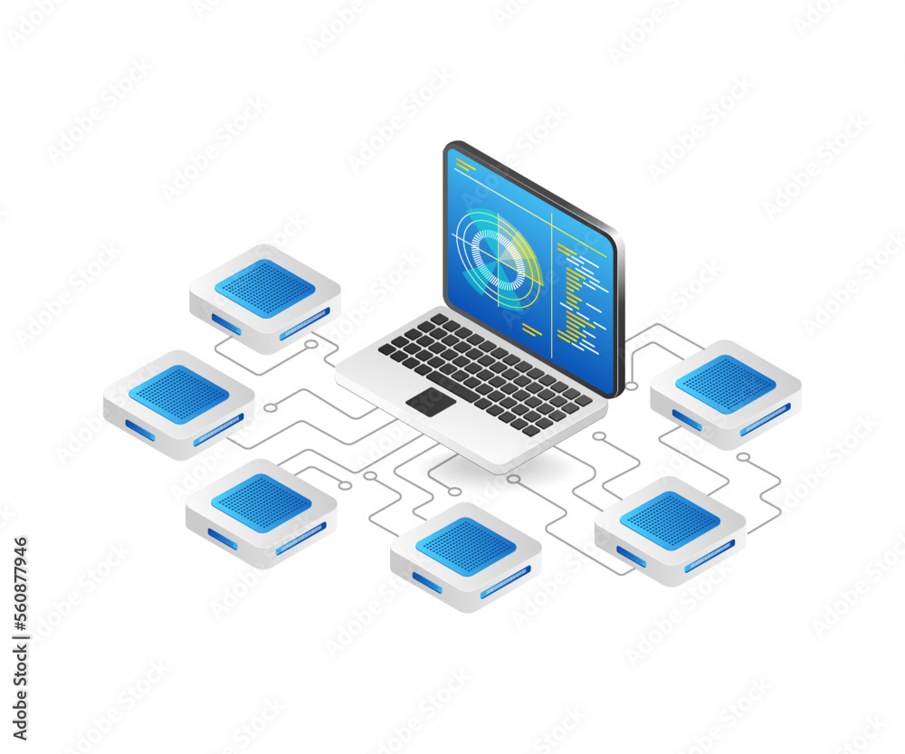 Flat isometric 3d concept illustration radar control network data analysis